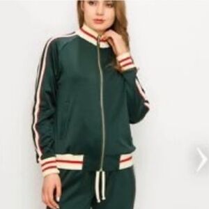 Green Zip Sweatshirt with Cream and Red Accents